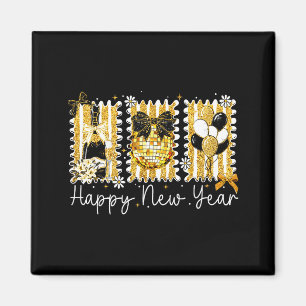 Aimant Bonne Année 2026 Coquette Dorée Nœud Boule Disco C