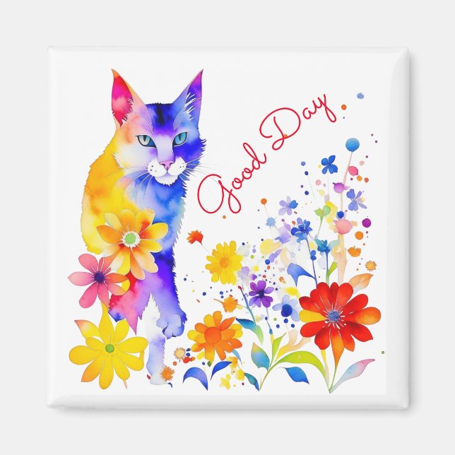 Aimant Bonne journée | Chat et fleurs à l'aquarelle  (Devant)