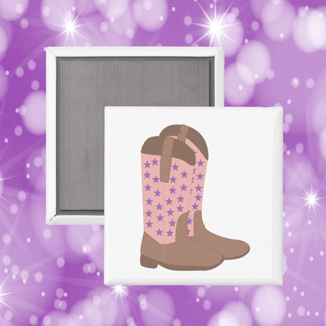Aimant Boots de Cowboy Étoiles rose Brown et violet (A magnet with a cowboy design done in brown and pink with purple stars)