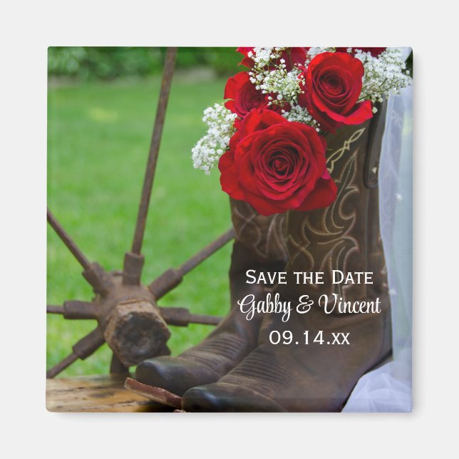 Aimant Boots de cowboy Rose rustiques Mariage Sauvez la d (Devant)