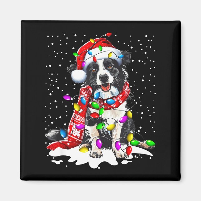 Aimant Border Collie Chien Éclairant Noël Chapeau de Père (Devant)