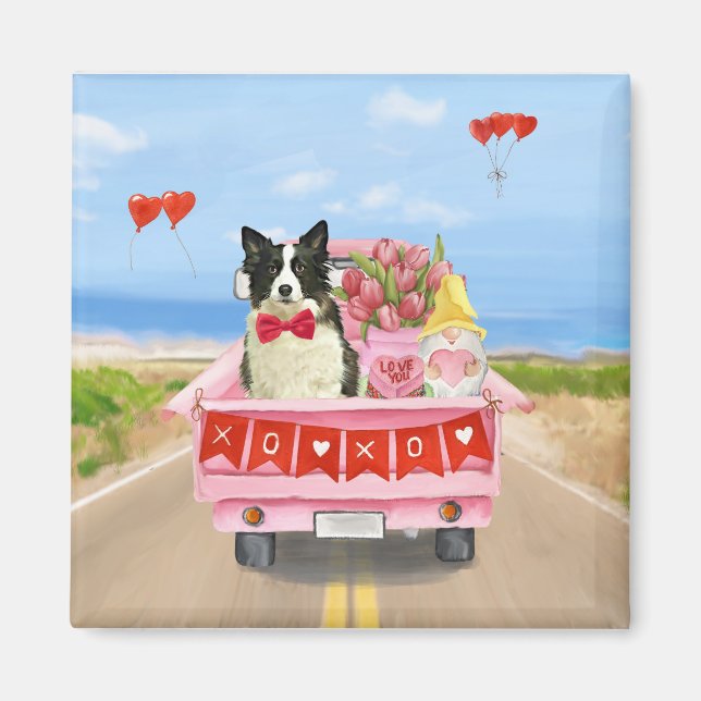 Aimant Border Collie Chien Saint-Valentin Camion Cœurs (Devant)