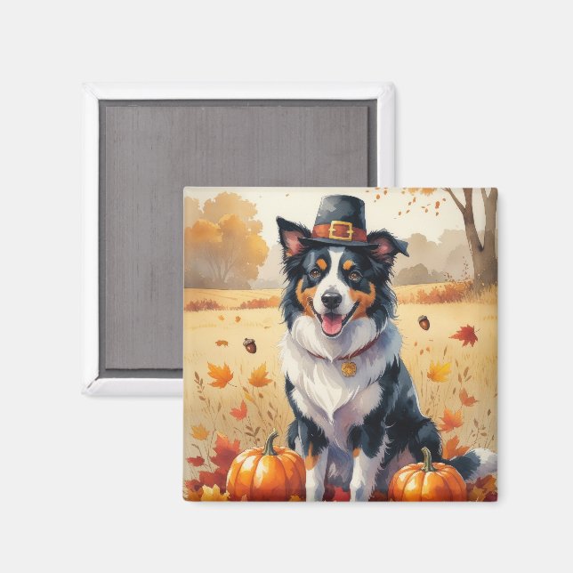 Aimant Border Collie en Feuilles d'Automne Art de Thanksg (Recto/Verso)