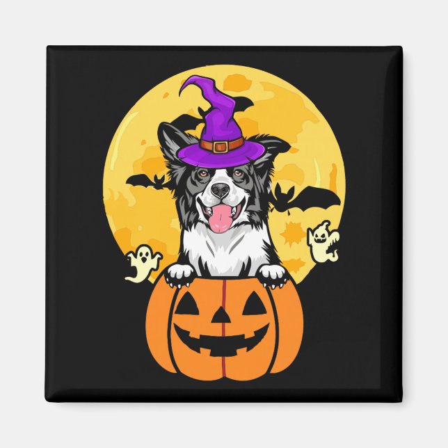 Aimant Border Collie noir et blanc Sorcière Chien Hallowe (Devant)