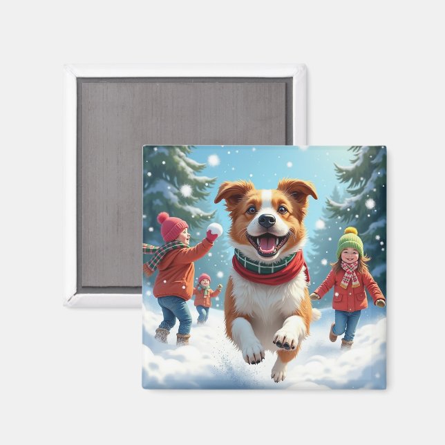 Aimant Border Terrier Snowball Fight Christmas Painting (Recto/Verso)