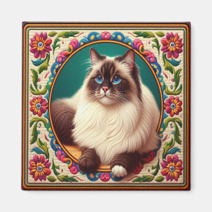 Aimant Bordure décorative Birman Chat Fleurs colorées