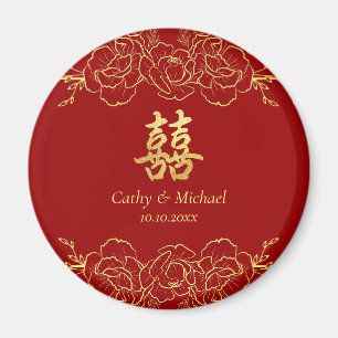 Aimant Bordure fleurie or rouge mariage chinois double xi