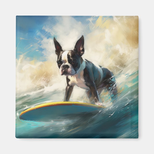 Aimant Boston Terrier Beach Surfing Peinture (Devant)