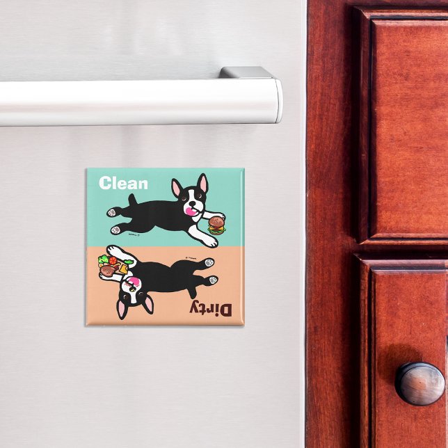 Aimant Boston Terrier Cartoon Dirty / Clean (Cute Boston Terrier Cartoon Dishwasher Magnet.)
