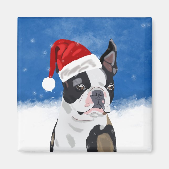 Aimant Boston Terrier Chien dans neige Noël Joyeux vacanc (Devant)