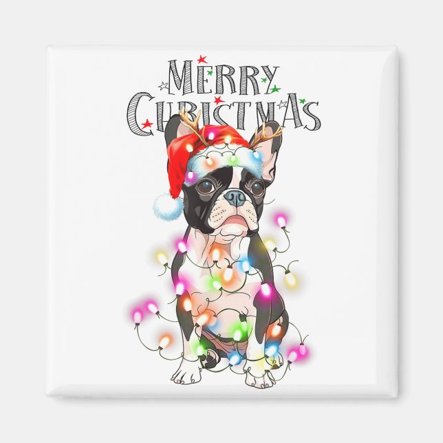 Aimant Boston Terrier Christmas Lights Xmas Dog  (Devant)