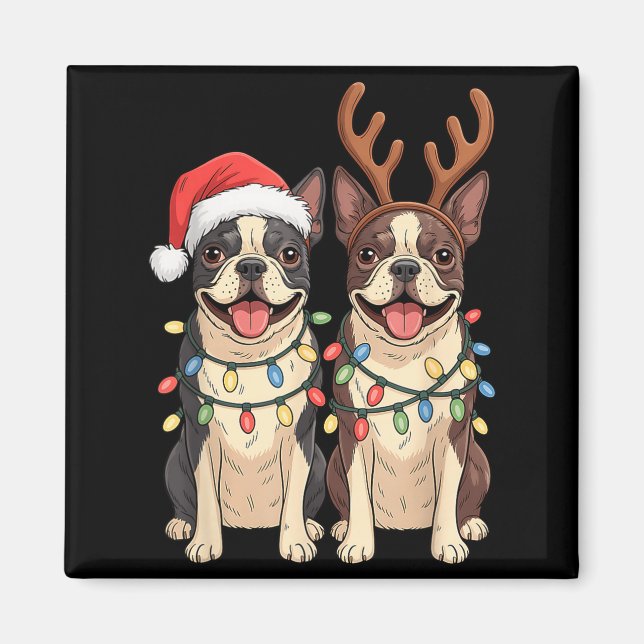 Aimant Boston Terrier Christmas Santa Hat Reindeer Lights (Devant)