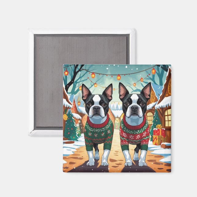 Aimant Boston Terrier Dogs Christmas Snow Holiday (Recto/Verso)