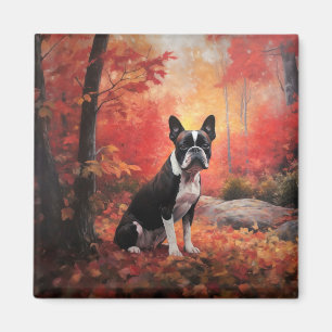Aimant Boston Terrier en automne feuilles tombées inspire