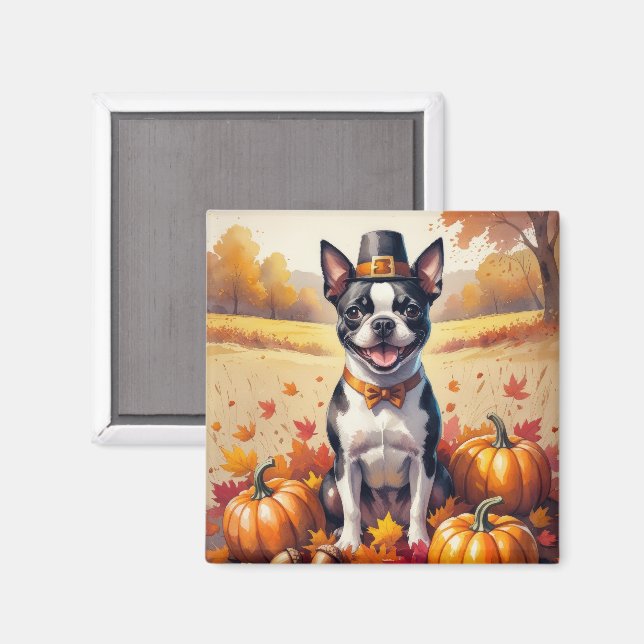 Aimant Boston Terrier En Automne Quitte L'Art Thanksgivin (Recto/Verso)