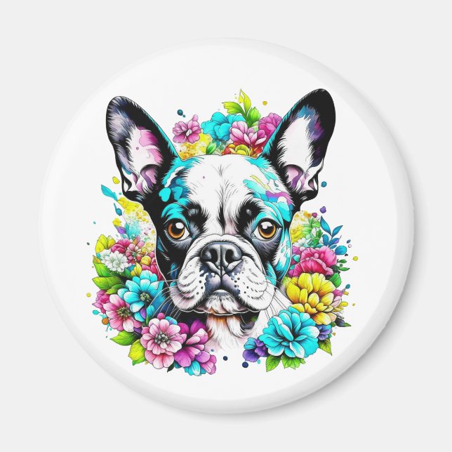 Aimant Boston Terrier et Fleurs (Devant)