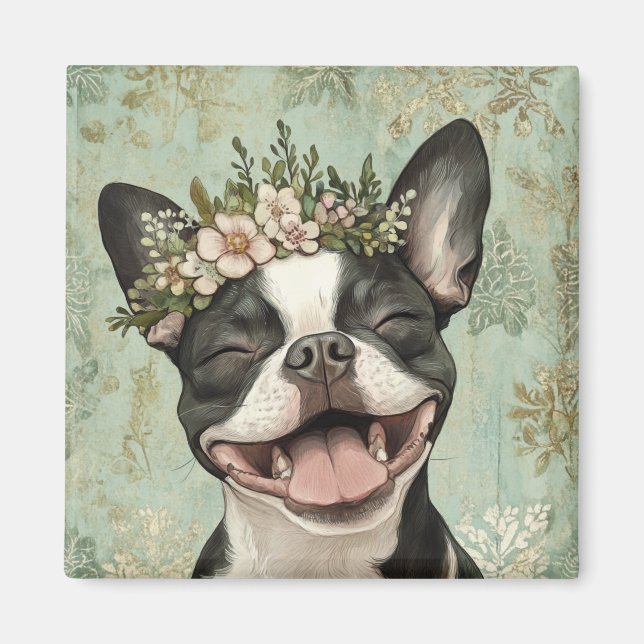 Aimant Boston Terrier Green Floral Kitchen (Devant)