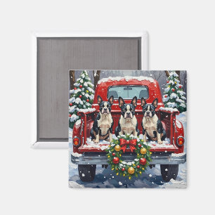 Aimant Boston Terrier Noël Camion Rouge Fêtes