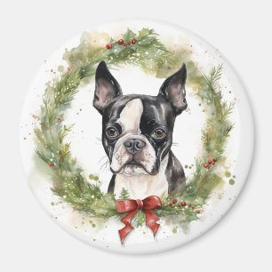 Aimant Boston Terrier Noël Wreath Festive Pup