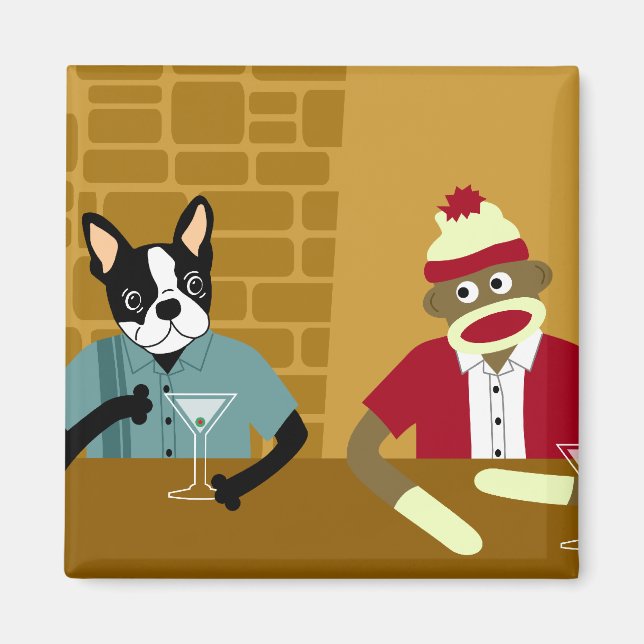 Aimant Boston Terrier & Sock Monkey (Devant)