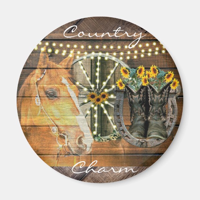 Aimant Botte de cowboy Rustique Cheval tournesol Wagon (Devant)