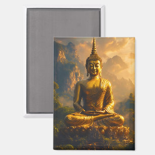 Aimant Bouddha assis doré sous un ciel de coucher de sole