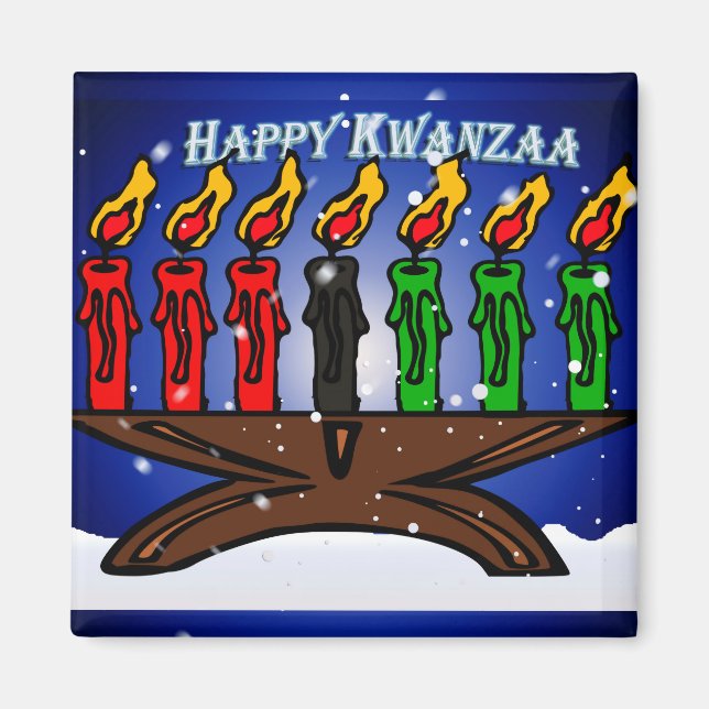 Aimant Bougie Kwanzaa Kinara avec neige et salut (Devant)