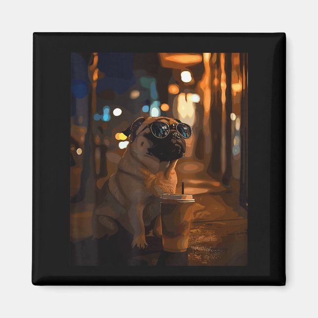 Aimant Bouledogue avec café glacé  (Devant)