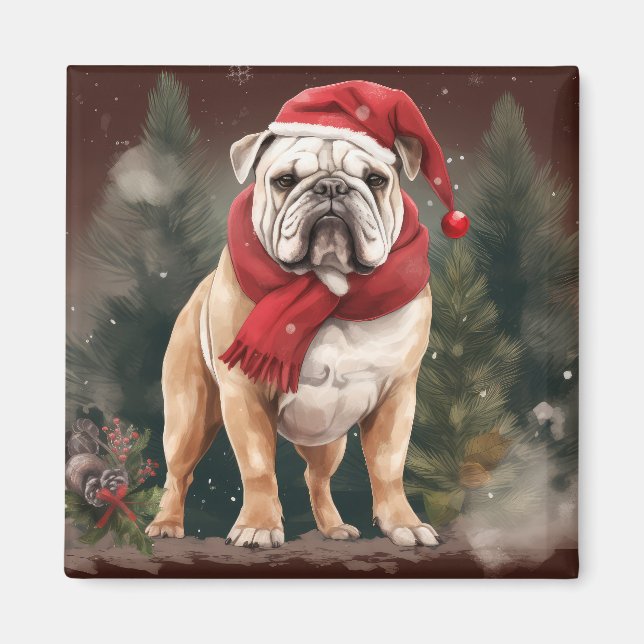 Aimant Bouledogue dans la neige de Noël (Devant)