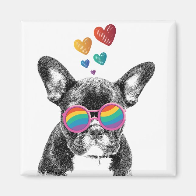 Aimant Bouledogue français avec coeurs Saint-Valentin (Devant)