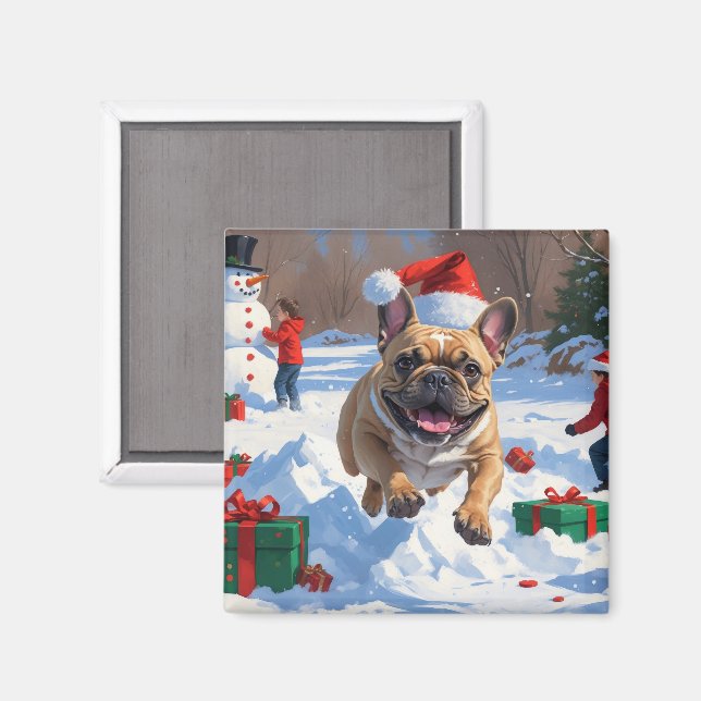 Aimant Bouledogue français courant dans la neige avec un  (Recto/Verso)