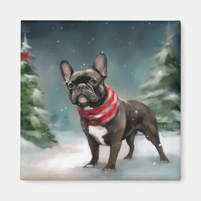 Aimant Bouledogue français dans la neige Noël (Devant)