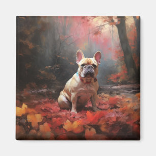 Aimant Bouledogue français dans les feuilles d'automne qu