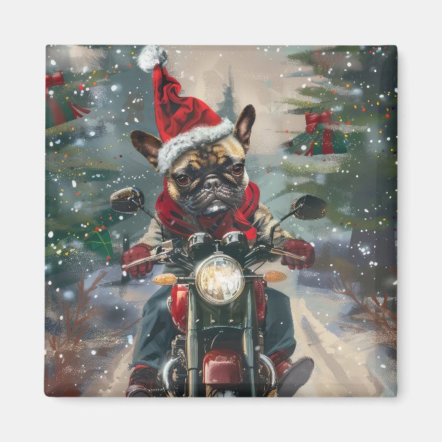 Aimant Bouledogue français faisant du moto à Noël (Devant)