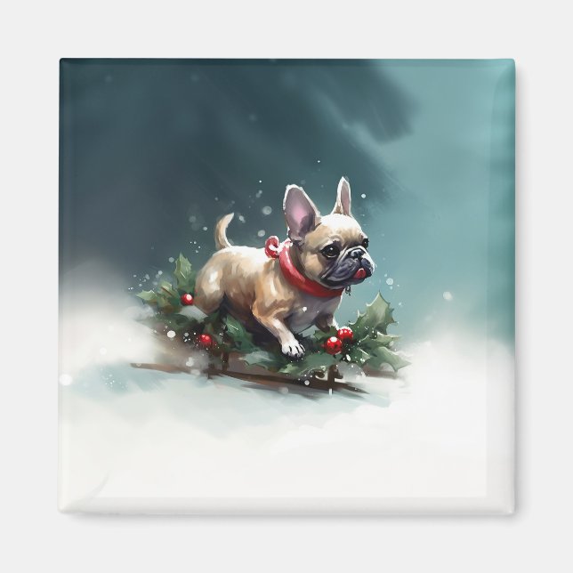 Aimant Bouledogue français Noël neige hiver (Devant)
