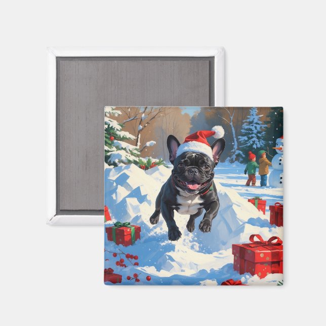 Aimant Bouledogue français noir scène festive de Noël enn (Recto/Verso)