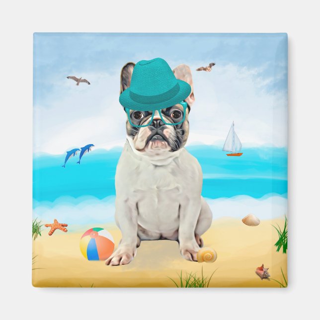 Aimant Bouledogue français sur la plage (Devant)