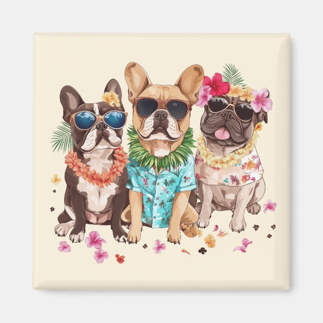Aimant Bouledogues français hawaïens Lei de fleurs (Devant)