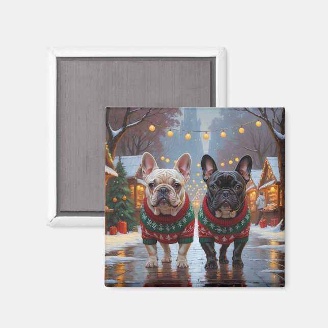 Aimant Bouledogues français Noël Neige Fêtes (Recto/Verso)