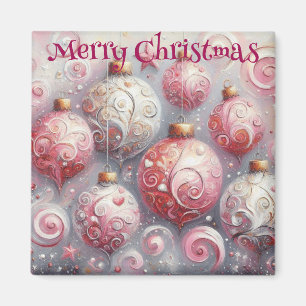 Aimant Boules d'ornement de Noël rose blanc avec des torr