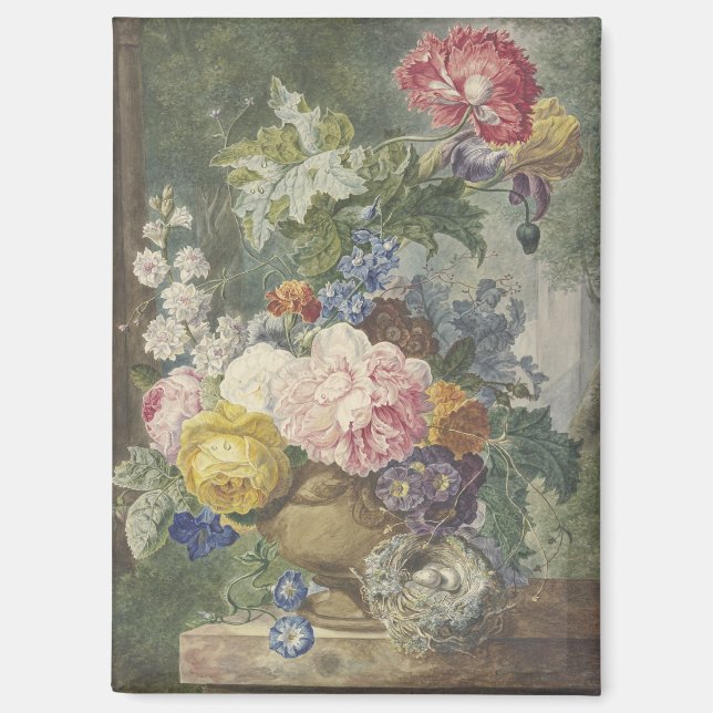 Aimant Bouquet de fleurs dans un vase avec un nid d'oisea (Recto)