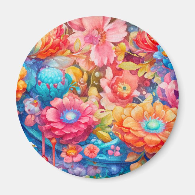 Aimant Bouquet de fleurs orange et bleu Boho (Devant)