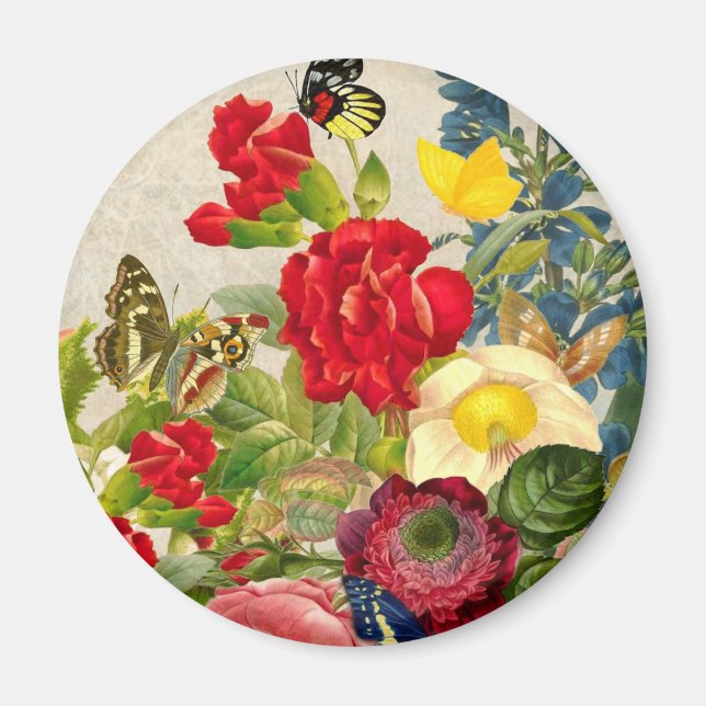 Aimant Bouquet de fleurs vintages aux papillons (Devant)