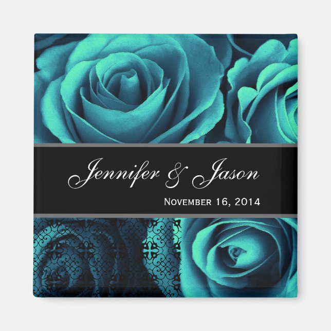 Aimant Bouquet de Rose Mariage BLEU turquoise avec dentel (Devant)
