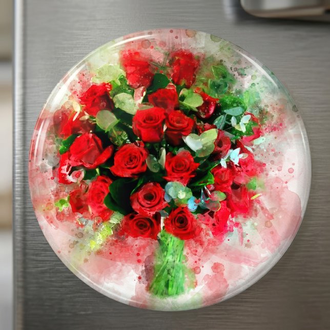 Aimant Bouquet de roses rouges aquarelle sur fond blanc (Red Roses Bouquet Watercolor on White Background. Magnet)