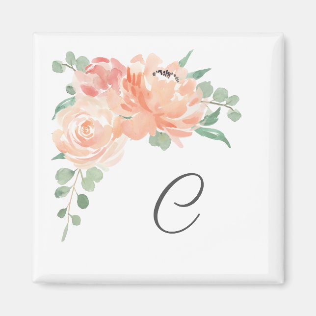 Aimant Bouquet floral aquarelle avec votre monogramme (Devant)