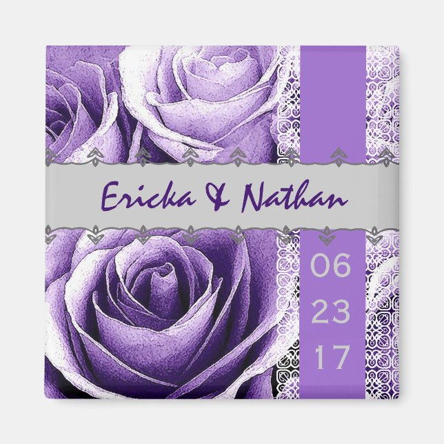 Aimant Bouquet Rose Mariage violet et argenté avec dentel (Devant)