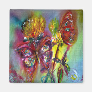 AIMANT BOUTEILLES ROUGES SUR THISTLES JAUNES, CIEL BLEU F