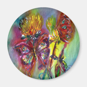 AIMANT BOUTEILLES ROUGES SUR THISTLES JAUNES, CIEL BLEU F