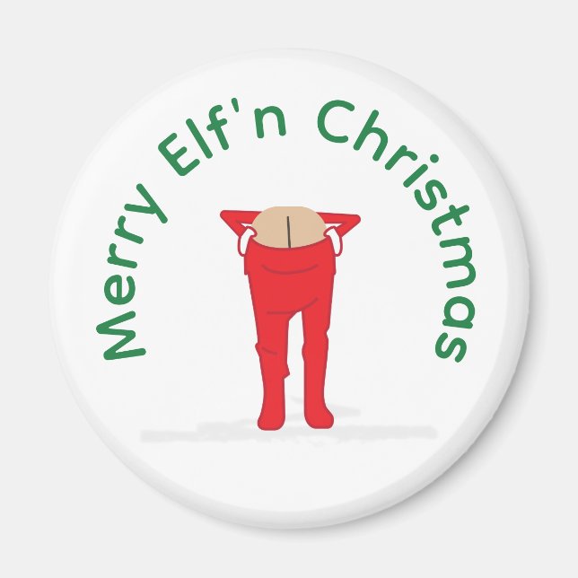 Aimant Bouton de Noël drôle d'elfe faisant un mooning (Devant)